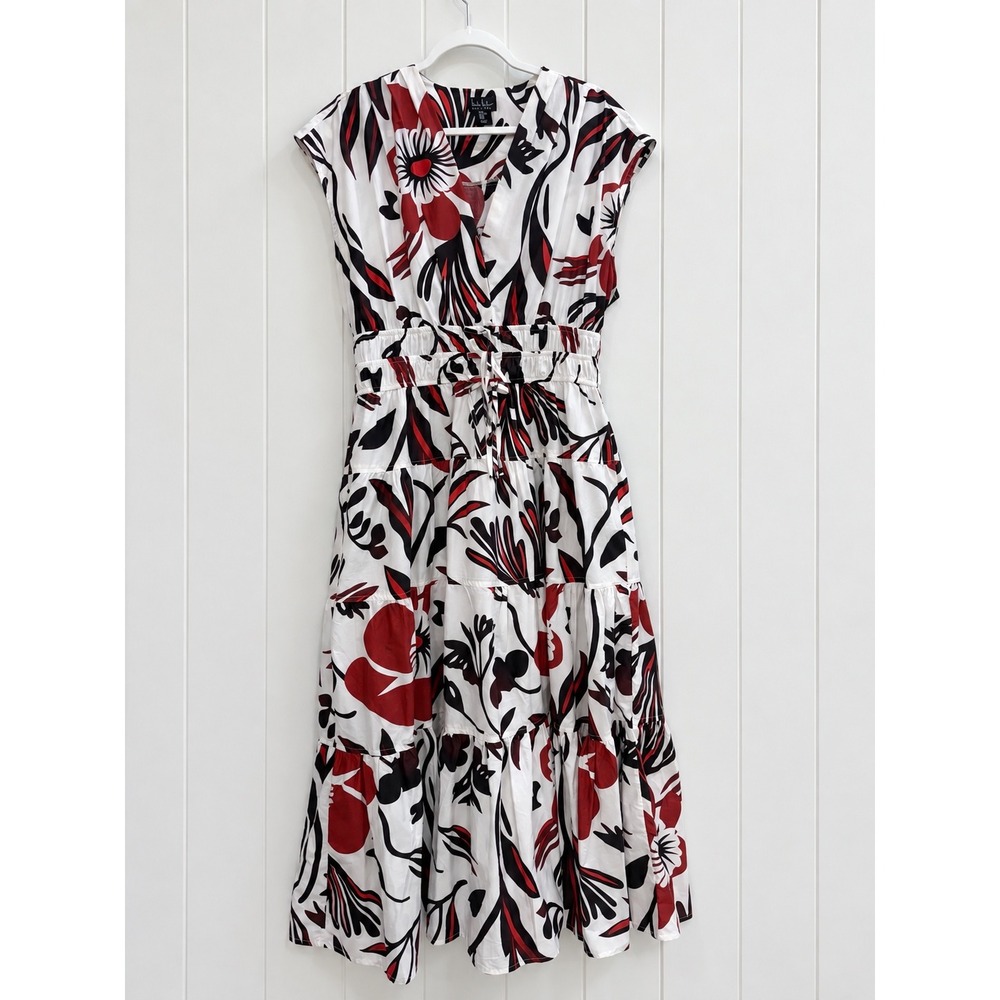 Nicole Miller Midi Dress XL Floral Tiered Smocked Waist V-Neck Cap Sleeve Pocket
